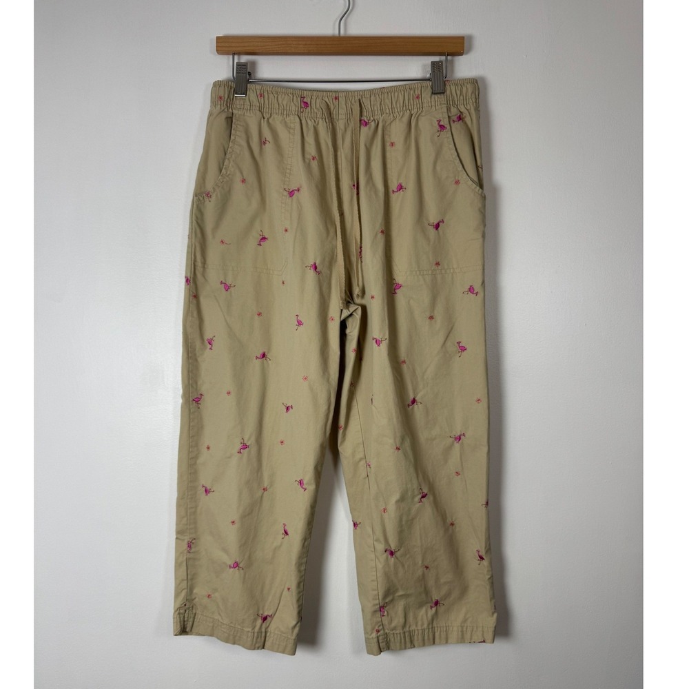 Tropical Basic Editions Womens Medium Capri Pants Tan Pink Flamingo Embroidered
